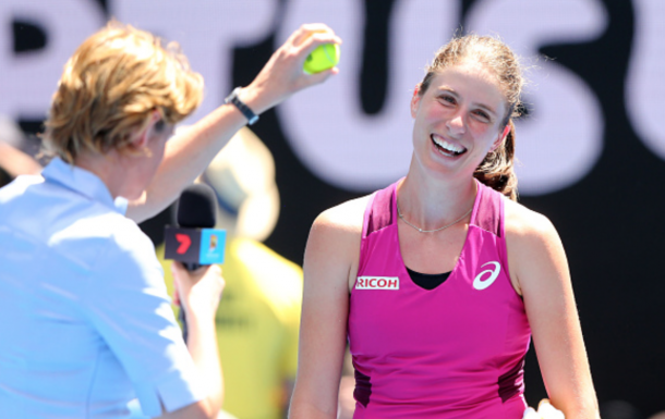 Commentator Sam Smith discusses Johanna Konta of Great Britain's pre-serve ball bouncing technique after Konta won her quarter final match against Shuai Zhang of China during day 10 of the 2016 Australian Open at Melbourne Park on January 27, 2016 in Melbourne, Australia. (Photo by Michael Dodge/Getty Images