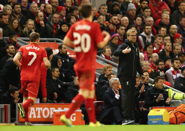 Klopp barks instructions at his Liverpool team on Tuesday night. (Picture: Getty Images)