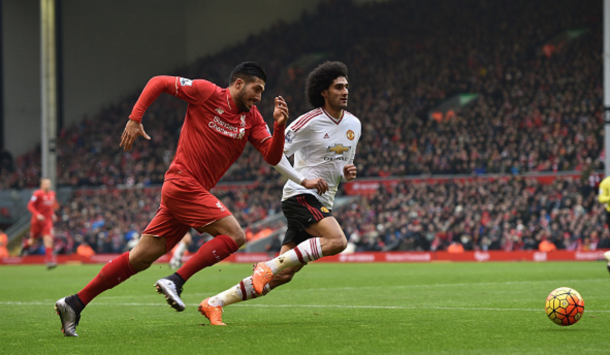 Emre Can battles with Marouane Fellaini during the Reds' loss to Manchester United. (Picture: Getty Images)