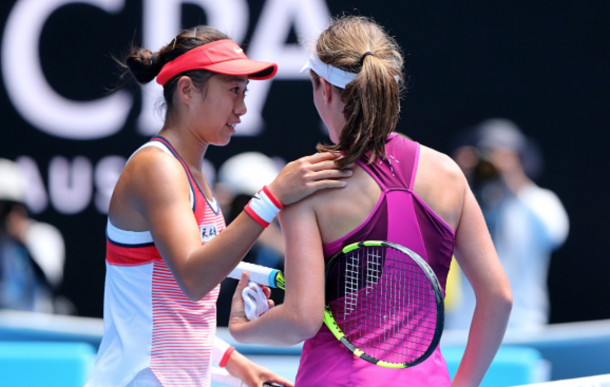 Shuai Zhang of China congratulates Johanna Konta of Great Britain on winning their quarter final match against during day 10 of the 2016 Australian Open at Melbourne Park on January 27, 2016 in Melbourne, Australia. (Photo by Michael Dodge/Getty Images)