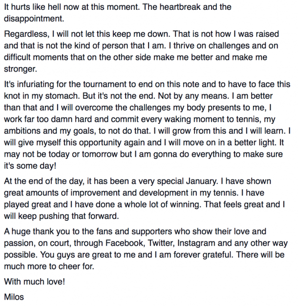 Raonic's Facebook message