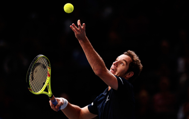 Richard Gasquet of France in action against Andy Murray of Great Britain during Day 5 of the BNP Paribas Masters held at AccorHotels Arena on November 6, 2015 in Paris, France. (Photo by Dean Mouhtaropoulos/Getty Images)