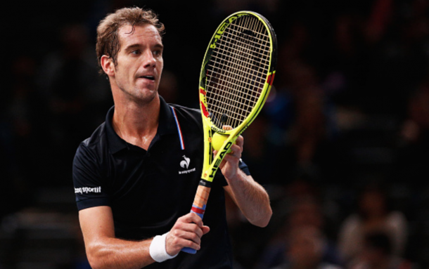 Richard Gasquet of France in action against Leonardo Martin Mayer of Argentina during Day 3 of the BNP Paribas Masters held at AccorHotels Arena on November 4, 2015 in Paris, France. (Photo by Dean Mouhtaropoulos/Getty Images)