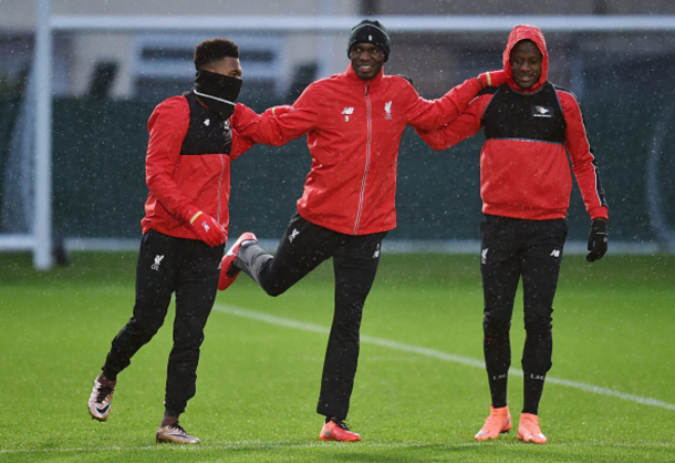 Sturridge, Benteke and Origi in training at Melwood on Monday evening. (Picture: Getty Images)