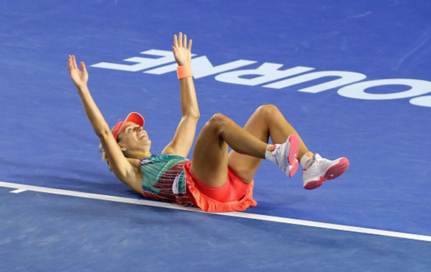 Angelique Kerber of Germany celebrates winning the Women's Singles Final against Serena Williams of the United States during day 13 of the 2016 Australian Open at Melbourne Park on January 30, 2016 in Melbourne, Australia. (Photo by Darrian Traynor/Getty Images)