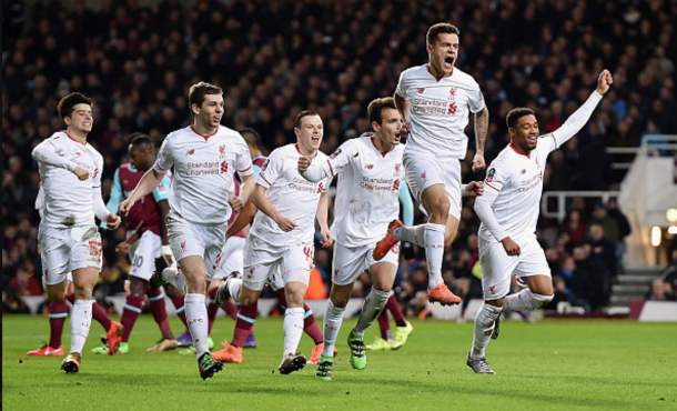 Firmino and his teammates celebrate his equaliser in East London in midweek. (Picture: Getty Images)