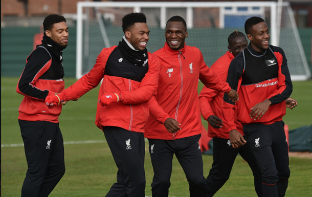 Ibe, Sturridge, Benteke and Origi in training on Friday afternoon. (Picture: Getty Images)