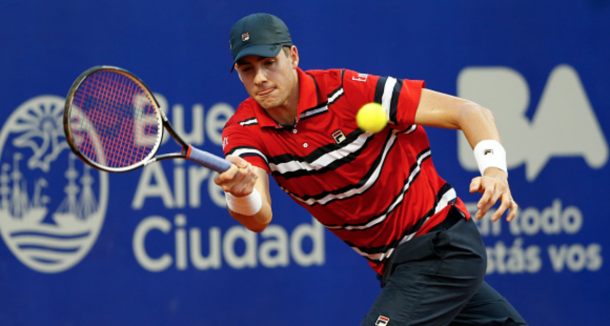 John Isner of USA takes a forehand shot during a match between John Isner of USA and Dusan Lajovic of Serbia as part of ATP Argentina Open at Buenos Aires Lawn Tennis Club on February 10, 2016 in Buenos Aires, Argentina. (Photo by Gabriel Rossi/LatinContent/Getty Images)
