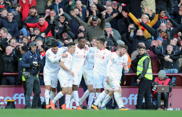 Origi and his teammates with the away fans after making it 4-0 on Sunday. (Picture: Getty Images)