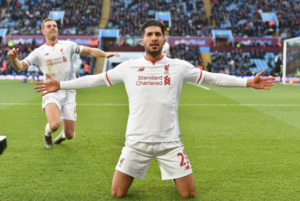 Can celebrates the goal that put Liverpool 3-0 up against Villa, with captain Jordan Henderson in the background. (Picture: Getty Images)