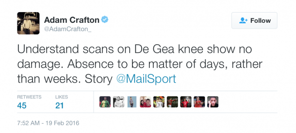 Adam Crafton reporting on David de Gea. @AdamCrafton_