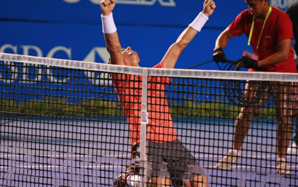 David Ferrer of Spain celebrates a scored goal against Kei Nishikori of Japan, in men's single match within Telcel Mexican Open 2015 at Mextenis Stadium on February 28, 2015 in Acapulco, Mexico. (Photo by Francisco Estrada/Anadolu Agency/Getty Images)