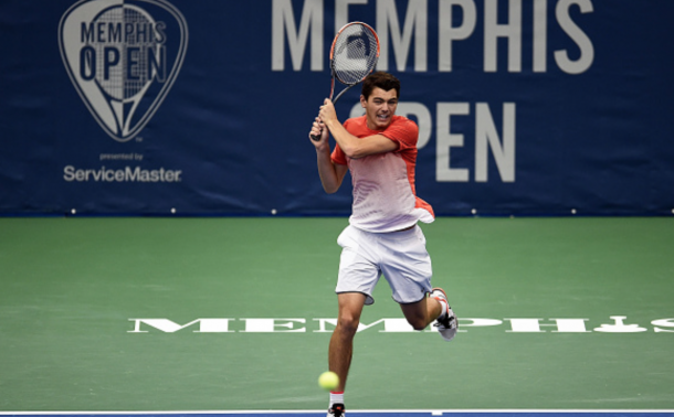 Taylor Fritz of the United States returns a shot to Ricardas Berankis of Lithuania during their semi-final singles match on Day 6 of the Memphis Open at the Racquet Club of Memphis on February 13, 2016 in Memphis, Tennessee. (Photo by Stacy Revere/Getty Images)