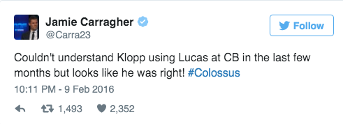 Jamie Carragher tweets about Lucas Leiva (image:Twitter)