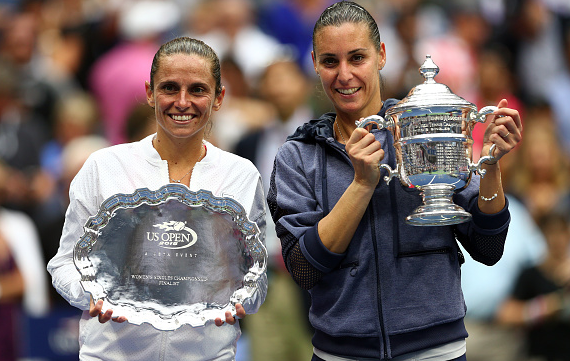 Roberta Vinci and Flavia Pennetta with their trophies at the US Open. Source:Getty Images/Clive Brunskill