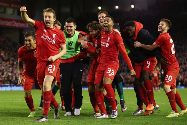 Liverpool celebrate after Joe Allen's penalty secured their place in the final. (Picture: Getty Images)