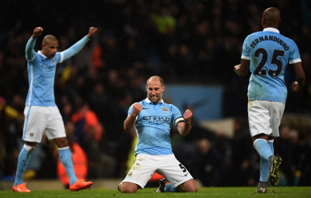 Pablo Zabaleta celebrating after City secured passage to Sunday's Wembley final last month. (Picture: Getty Images)