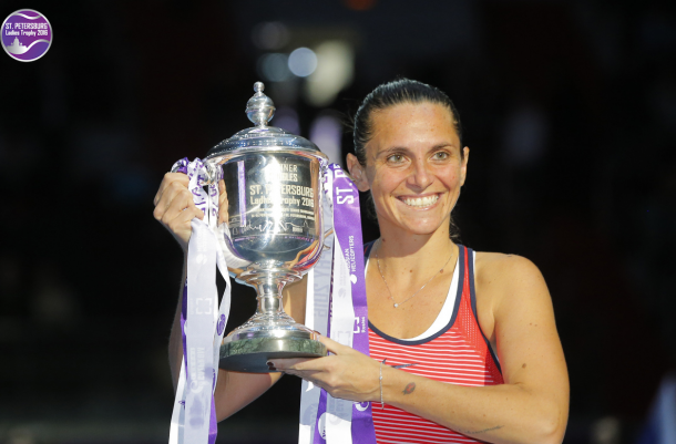 Roberta Vinci posing with the trophy in St Petersburg. Photo:Getty Images/St Petersburg Ladies Trophy