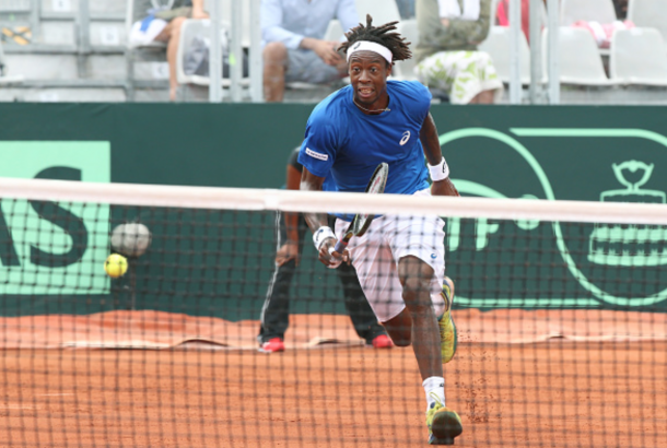 Gael Monfils of France in action against Frank Dancevic of Canada during day 1 of the Davis Cup World Group first round tie between France and Canada at Stade Velodrome Amedee Detraux on March 4, 2016 in Baie-Mahault, Guadeloupe, France. (Photo by Jean Catuffe/Getty Images)