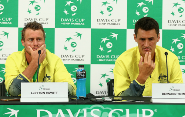 Lleyton Hewitt captain of Australia and Bernard Tomic of Australia speak to media after the Men's singles match during the Davis Cup tie between Australia and the United States at Kooyong on March 6, 2016 in Melbourne, Australia. (Photo by Robert Prezioso/Getty Images)