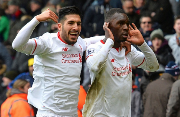 Benteke celebrates his late winner with the away fans. (Picture: Getty Images)