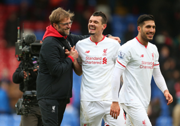 Klopp smiles with Man of the Match Dejan Lovren after the full-time whistle. (Picture: Getty Images)