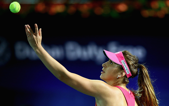 Belinda Bencic serving in Dubai. Photo:Getty Images/Francois Nel