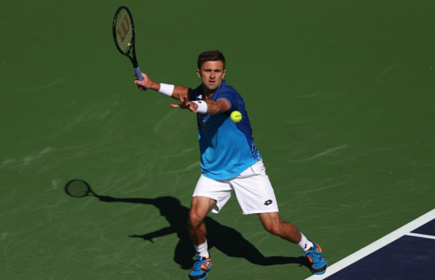 Tim Smyczek of USA in action against Michael Mmoh of USA during day two of the BNP Paribas Open at Indian Wells Tennis Garden on March 8, 2016 in Indian Wells, California. (Photo by Julian Finney/Getty Images)