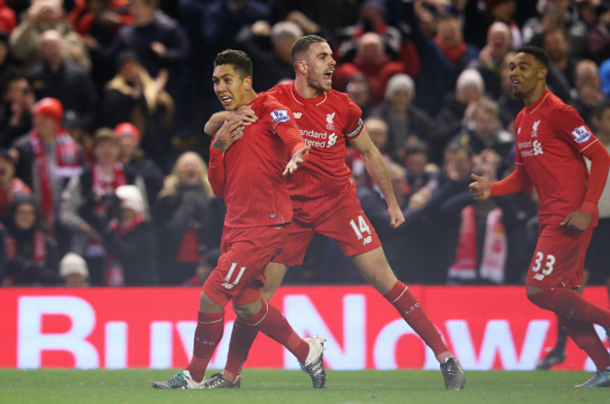 Henderson celebrates with Firmino after his terrific strike in a recent league draw with Arsenal. (Picture: Getty Images)