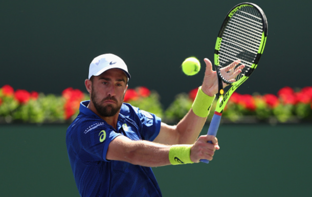 Steve Johnson of USA in action against Kei Nishikori of Japan during day nine of the BNP Paribas Open at Indian Wells Tennis Garden on March 15, 2016 in Indian Wells, California. (Photo by Julian Finney/Getty Images)