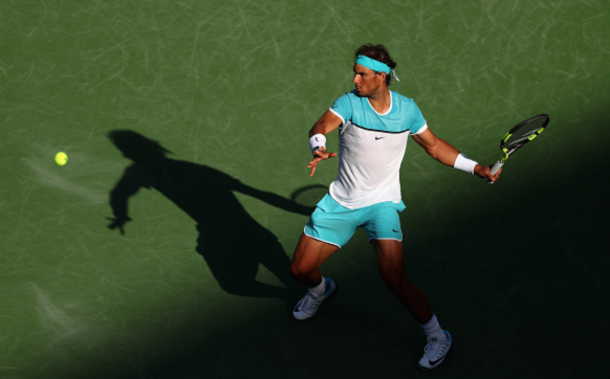 Rafael Nadal of Spain in action against Fernando Verdasco of Spain during day nine of the BNP Paribas Open at Indian Wells Tennis Garden on March 15, 2016 in Indian Wells, California. (Photo by Julian Finney/Getty Images)