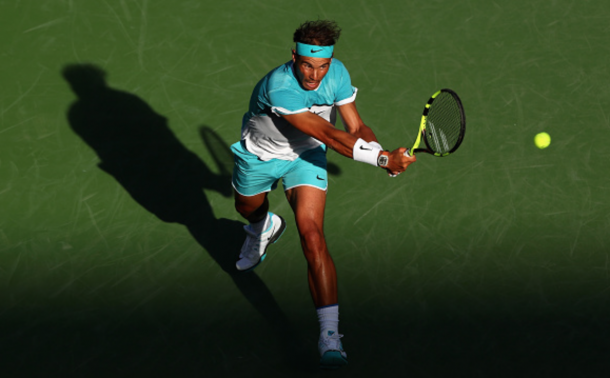 Rafael Nadal of Spain in action against Fernando Verdasco of Spain during day nine of the BNP Paribas Open at Indian Wells Tennis Garden on March 15, 2016 in Indian Wells, California. (Photo by Julian Finney/Getty Images)