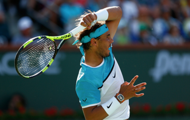 Rafael Nadal of Spain in action against Fernando Verdasco of Spain during day nine of the BNP Paribas Open at Indian Wells Tennis Garden on March 15, 2016 in Indian Wells, California. (Photo by Julian Finney/Getty Images)