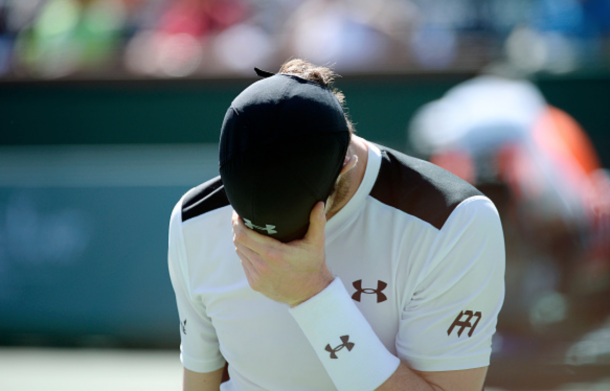 Andy Murray of Great Britain reacts after losing a game against Federico Delbonis of Argentina during day eight of the BNP Paribas Open at Indian Wells Tennis Garden on March 14, 2016 in Indian Wells, California. (Photo by Kevork Djansezian/Getty Images)