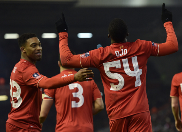 Ojo celebrates his first ever goal for Liverpool's first-team against Exeter. (Picture: Getty Images)