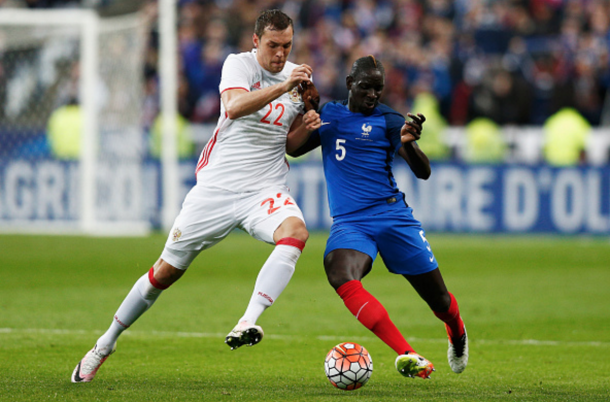 Sakho, battling to prove he should be in the France squad this summer, against Russia. (Picture: Getty Images)