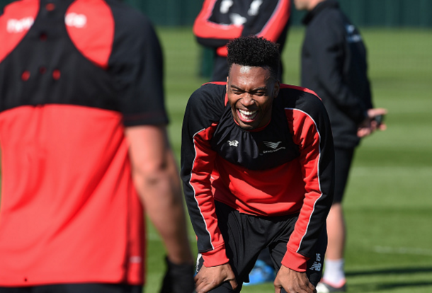 Sturridge enjoys a laugh in Liverpool first-team training at Melwood on Friday 1st April. (Picture: Getty Images)