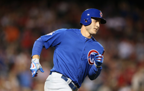 Anthony Rizzo #44 of the Chicago Cubs rounds first base after hitting a two run home run in the second inning against the Los Angeles Angels of Anaheim at Angel Stadium of Anaheim on April 5, 2016 in Anaheim, California. (Photo by Stephen Dunn/Getty Images)