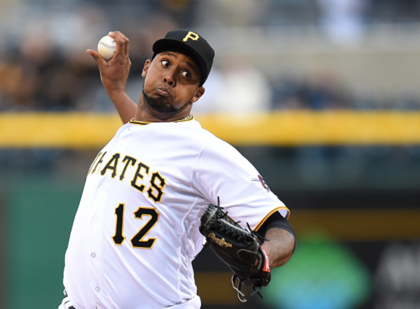 Juan Nicasio #12 of the Pittsburgh Pirates pitches during the game against the St. Louis Cardinals on April 6, 2016 at PNC Park in Pittsburgh, Pennsylvania. (Photo by Joe Sargent/Getty Images) 