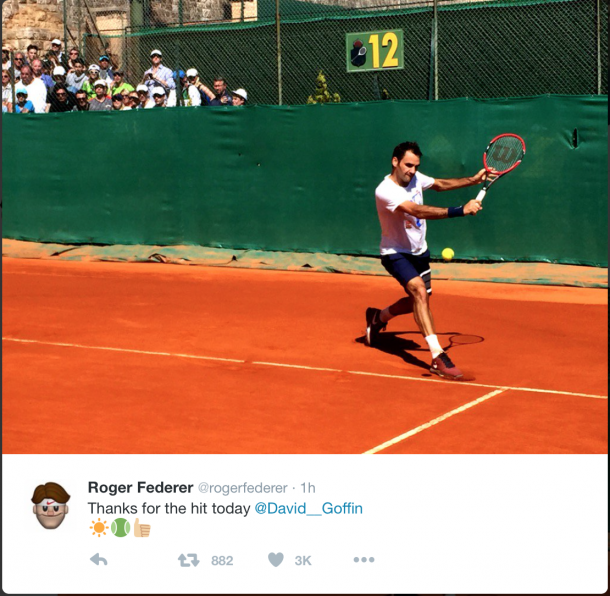 Federer holds a practice session with world number 13 David Goffin. Credit: Roger Federer/Twitter