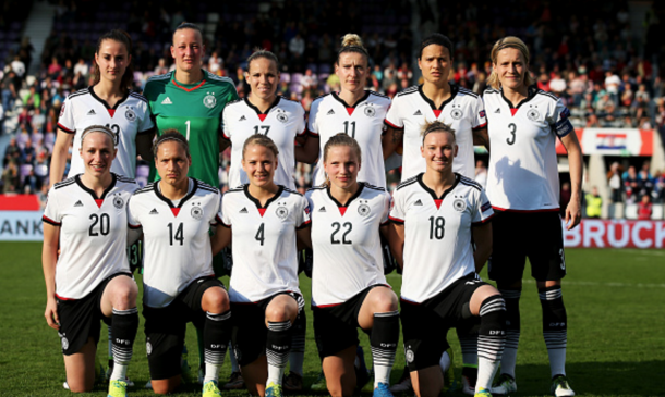 Players of Germany pose for a picture during the UEFA Women's Euro 2017 qualifier between Germany and Croatia at Osnatel Arena on April 12, 2016 in Osnabrueck, Germany. (Photo by Lars Baron/Bongarts/Getty Images)