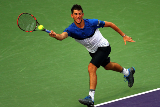  Dominic Thiem of Austria plays a match against Novak Djokovic of Serbia during Day 9 of the Miami Open presented by Itau at Crandon Park Tennis Center on March 29, 2016 in Key Biscayne, Florida. (Photo by Mike Ehrmann/Getty Images)