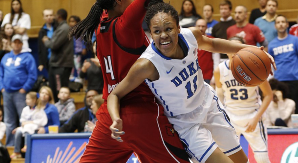 Duke's Azura Stevens, right, drives to the basket against Louisville's Mariya Moore during the first half of an NCAA college basketball game Monday, Feb. 2, 2015, in Durham, N.C. (AP Photo/Ellen Ozier) The Associated Press