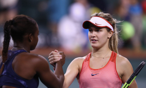 Eugenie Bouchard of Canada is congratulated by Sloane Stephens of USA during day six of the BNP Paribas Open at Indian Wells Tennis Garden on March 12, 2016 in Indian Wells, California. (Photo by Julian Finney/Getty Images)