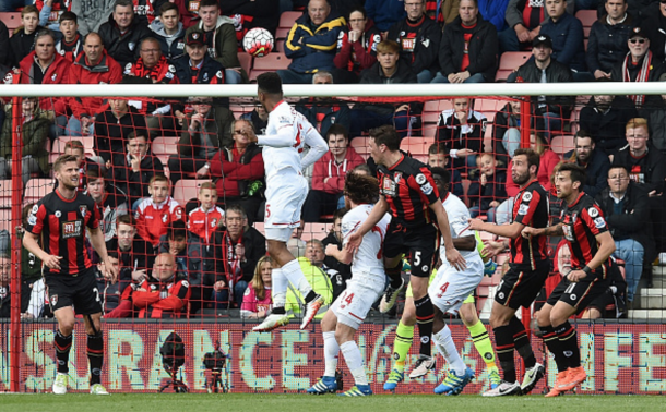 Sturridge rises high to flick a header hope from Ibe's free-kick. (Picture: Getty Images)