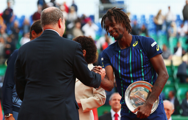 Prince Albert II of Monaco shakes hands with runner-up Gael Monfils of France after the singles final match against Rafael Nadal of Spain during day eight of the Monte Carlo Rolex Masters at Monte-Carlo Sporting Club on April 17, 2016 in Monte-Carlo, Monaco. (Photo by Michael Steele/Getty Images)