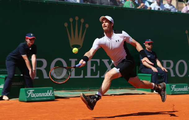 Andy Murray of Great Britain stretches to return during his semi-final match against Rafael Nadal of Spain during the semi final match on day seven of the Monte Carlo Rolex Masters at Monte-Carlo Sporting Club on April 16, 2016 in Monte-Carlo, Monaco. (Photo by Michael Steele/Getty Images)