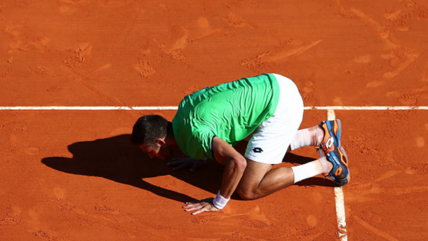 Jiri Vesely of the Czech Republic celebrates victory during his second round match against Novak Djokovic of Serbia on day four of the Monte Carlo Rolex Masters at Monte-Carlo Sporting Club on April 13, 2016 in Monte-Carlo, Monaco. (Photo by Michael Steele/Getty Images)