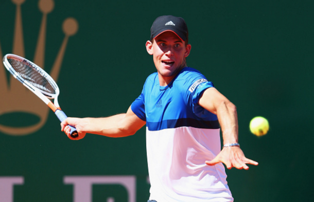 Dominic Thiem of Austria plays a forehand during the round three match against Rafael Nadal of Spain on day five of Monte Carlo Rolex Masters at Monte-Carlo Sporting Club on April 14, 2016 in Monte-Carlo, Monaco. (Photo by Michael Steele/Getty Images)