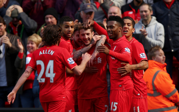 The Liverpool squad after Lallana made it 2-0. (Picture: Getty Images)